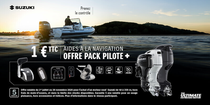 Offre Suzuki Pack Pilote + pour 1 € TTC à l’achat d’un moteur Suzuki neuf de 40 à 350 ch, jusqu’au 30 novembre 2026